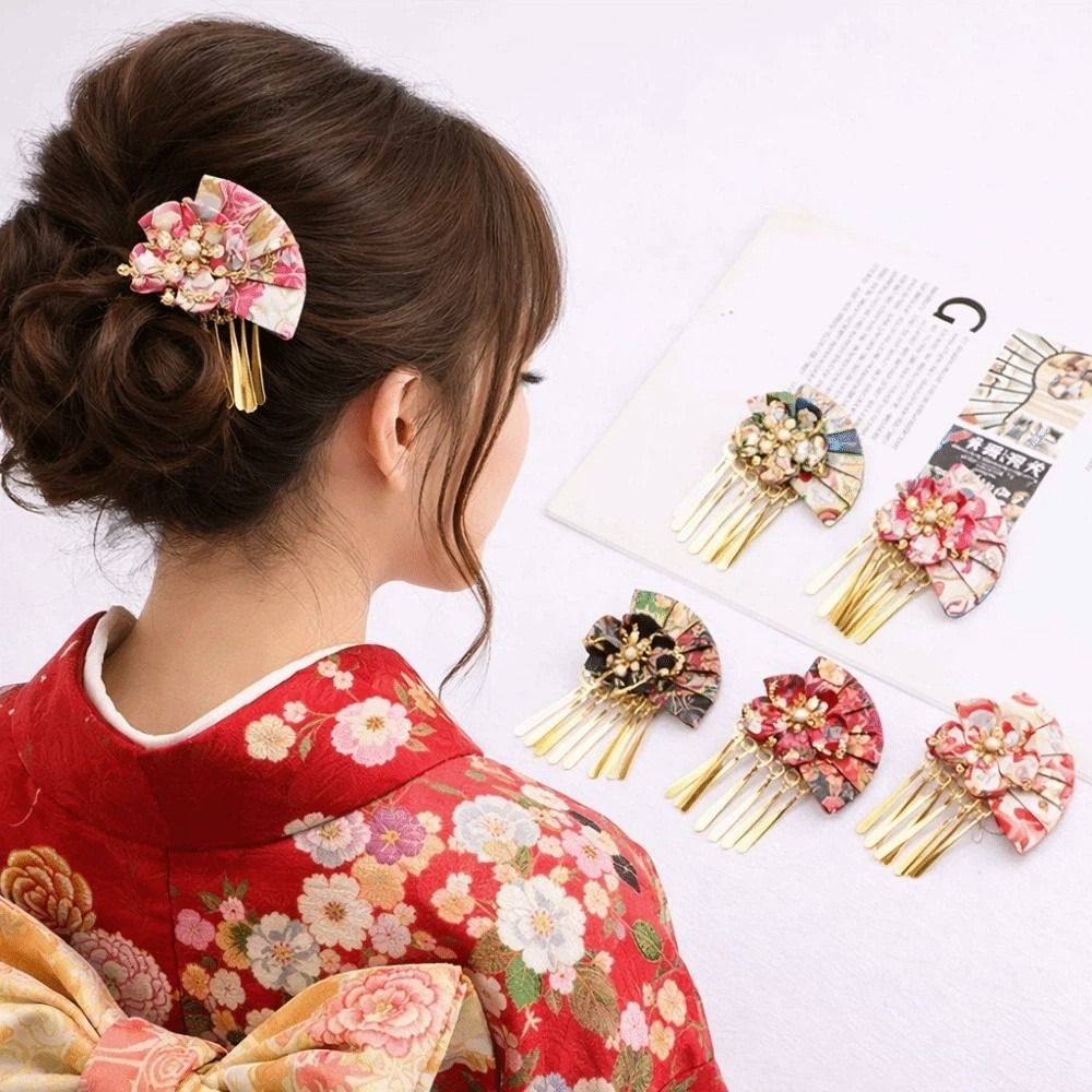 Ethnic Gown - Women Hairpin Faux Pearl Flower Fan