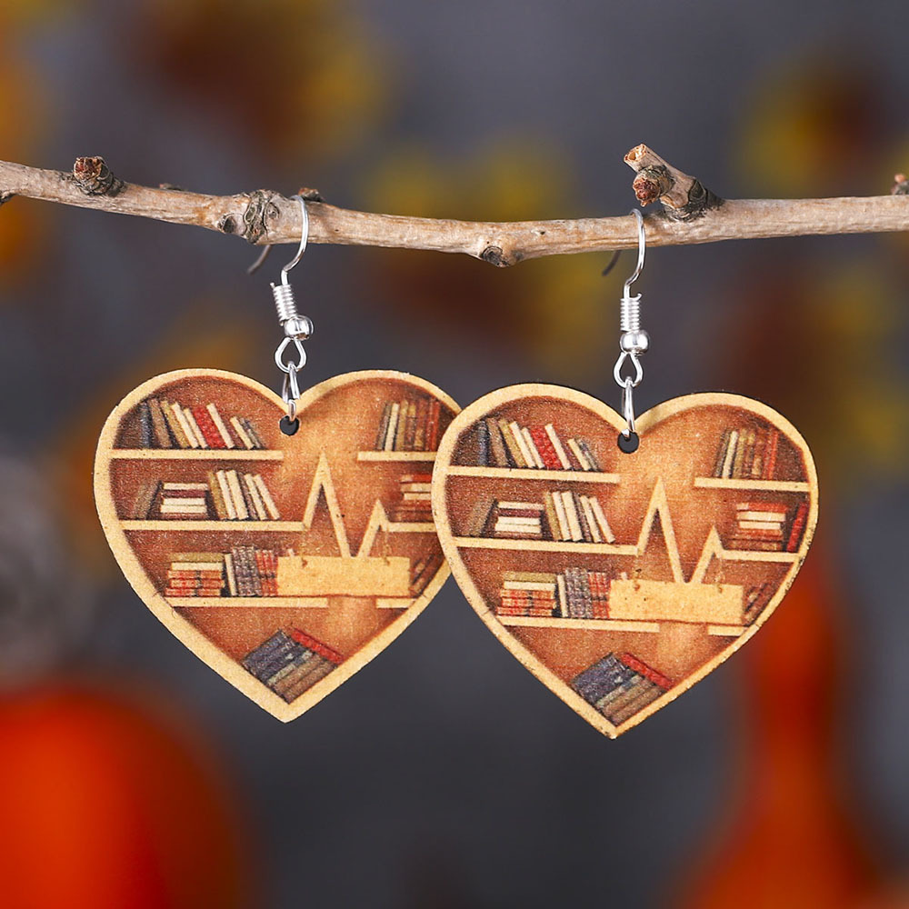 Ethnic Fashion Book - Book Lovers Heart Librarian Earrings Bookshelf